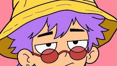 A cartoon illustration of a character with purple hair, round red glasses, and a wide-brimmed yellow hat.