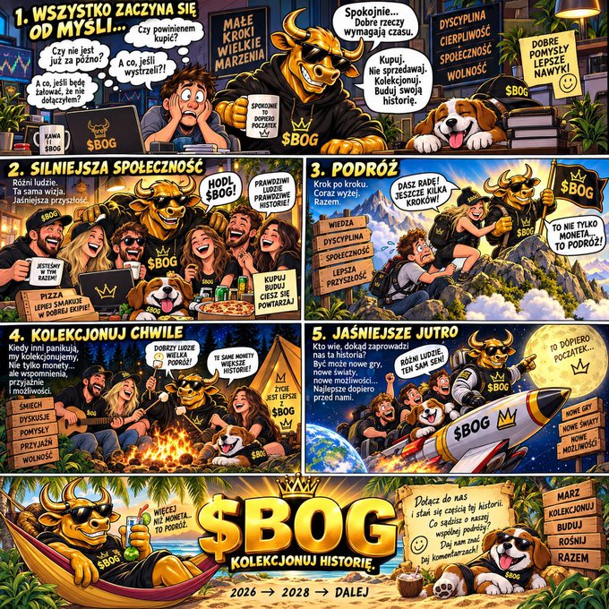 A six-panel promotional comic-style graphic with Polish text promoting '$BOG' cryptocurrency, featuring scenes with a bull mascot, a dog, and people, with the tagline 'KOLEKCJONUJ HISTORIĘ' and dates '2026 → 2028 → DALEJ'.