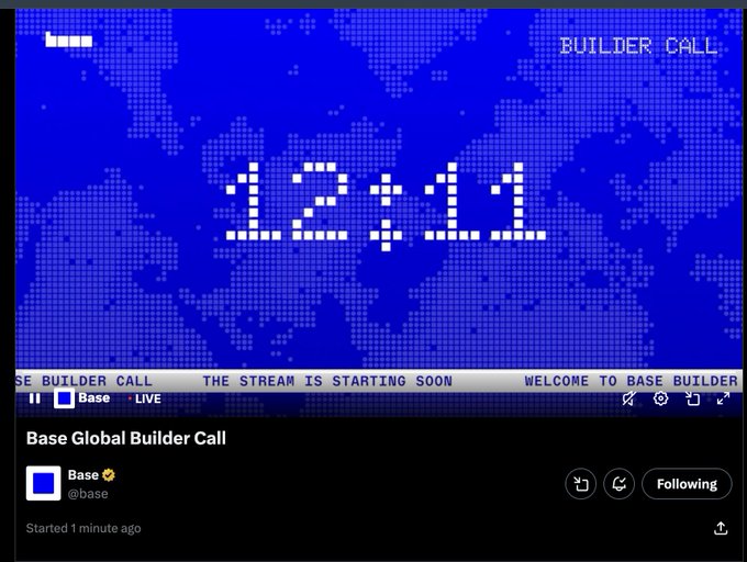 A YouTube live stream titled 'Base Global Builder Call' by @base showing a blue countdown timer reading '12:11' with text 'THE STREAM IS STARTING SOON'.