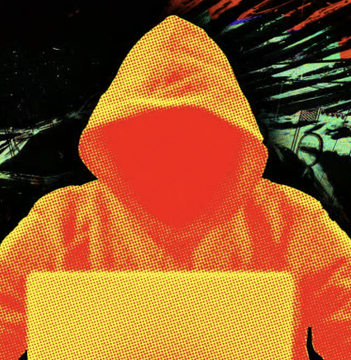 A hooded figure rendered in a red and yellow halftone pop-art style sits before a glowing laptop, with abstract glitch-like streaks radiating outward—visually evoking the anonymous, high-tech threat behind the $1.73 billion stolen across 333 crypto exploits in 2026, including the record $319 million Liquid Network hack.