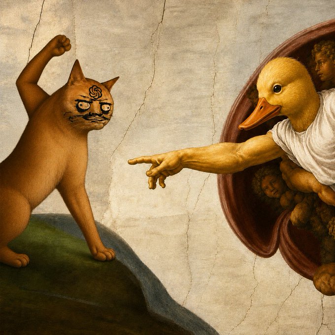 A parody of Michelangelo's 'The Creation of Adam' featuring an orange tabby cat with a shocked expression on the left and a duck-headed figure with an outstretched arm emerging from a shell on the right.