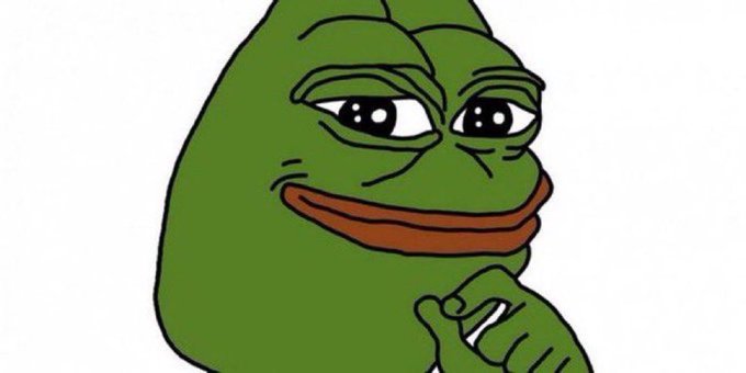A cartoon image of a contemplative green frog (similar to Pepe) with a smug expression, resting its chin on its hand in a thinking pose.