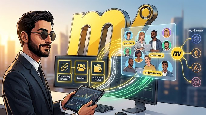 An illustrated scene showing a bearded man with sunglasses holding a tablet, with floating UI panels displaying 'm' logo, 'partners', 'community', 'ambassadors', and multi-chain wallet features.