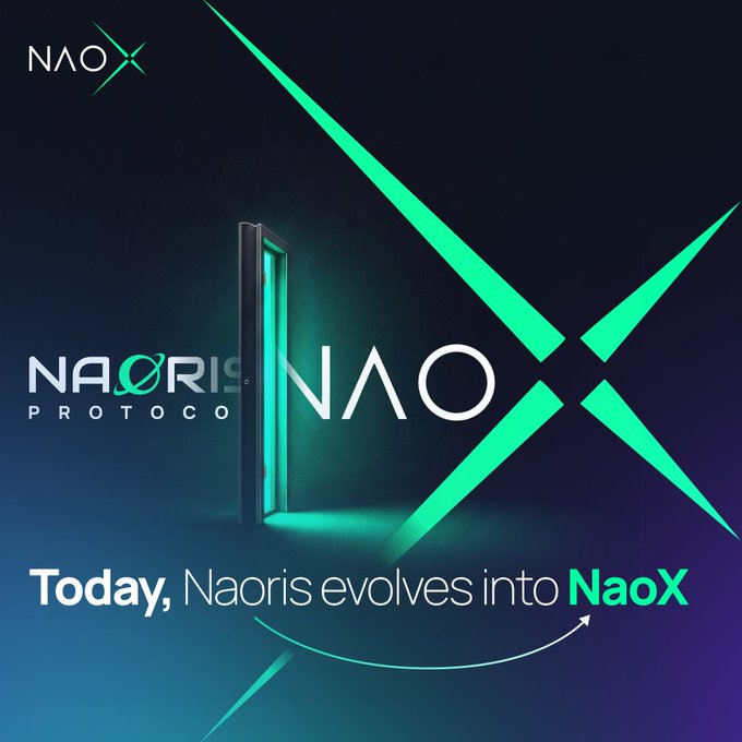 The image shows a futuristic promotional graphic featuring a glowing green door/portal against a dark blue background with "NAO" displayed in large letters and a green X forming a starburst pattern, alongside "NAORIS PROTOCOL" branding. Text at the bottom reads "Today, Naoris evolves into NaoX," announcing the rebranding of Naoris Protocol to NaoX while emphasizing that the $NAORIS token remains unchanged as the post-quantum Layer 1 infrastructure continues under its new identity.