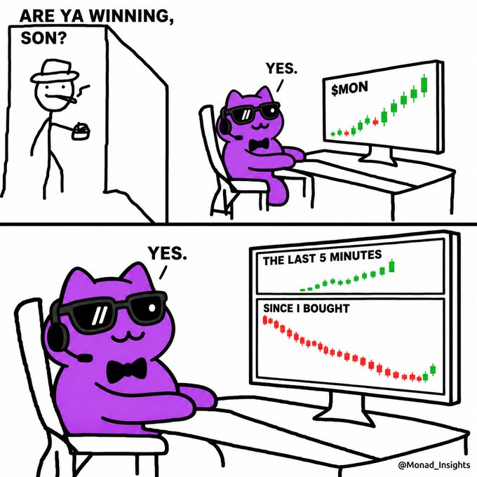 A two-panel comic by @Monad_Insights featuring a purple cat in sunglasses and a bowtie at a computer, replying "YES" to "ARE YA WINNING, SON?" while looking at $MON charts showing green gains in the last 5 minutes but red losses since purchase.