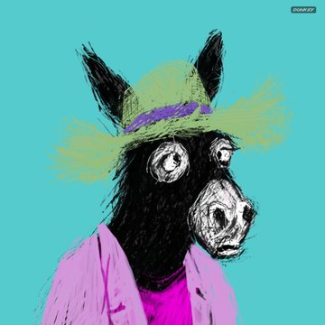 A stylized illustration of a donkey or mule wearing a green hat and pink clothing against a bright turquoise background.