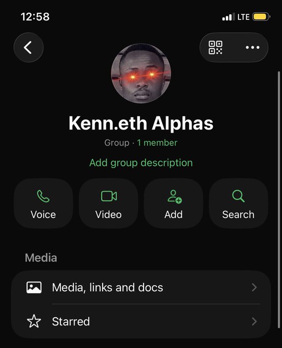 A screenshot of a WhatsApp group profile for "Kenn.eth Alphas" with 1 member, featuring an avatar of a man with glowing red eyes, and quick action buttons for Voice, Video, Add, and Search. The image relates to the post by showing the WhatsApp group the creator is promoting for sharing money-making opportunities and trading signals.