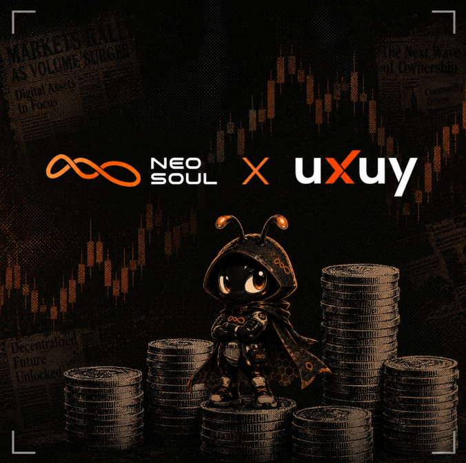 A promotional graphic featuring logos for 'Neo Soul' and 'uxuy' with an 'x' between them, showing a small hooded alien-like character standing on stacks of coins against a financial chart background with text including 'MARKET RALLY AS VOLUME SURGES' and 'Digital Assets In Focus.'