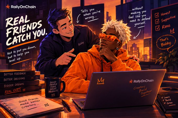 A digital illustration featuring two stylized characters sitting at a desk with a laptop displaying the 'RallyOnChain' logo, accompanied by the text 'REAL FRIENDS CATCH YOU' and other motivational messages about feedback and supporting creators.
