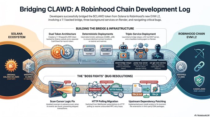 An infographic titled 'Bridging $CLAWD: A Robinhood Chain Development Log' detailing the migration of $CLAWD token from Solana to Robinhood's new EVM L2, highlighting dual token architecture, triple-service deployment, and bug resolutions.