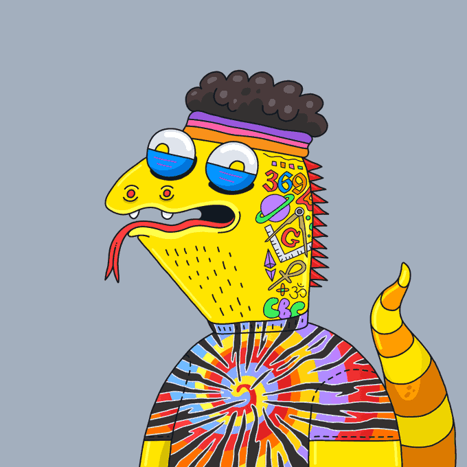 A colorful cartoon illustration of a yellow reptilian character with blue eyes, a red tongue, an afro hairstyle, a rainbow headband, tattoos including '369' and 'CBD', and a psychedelic patterned shirt.