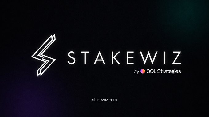 The image displays the "STAKEWIZ" logo with a stylized "S" symbol, along with the tagline "by SOLStrategies" featuring a small circular icon, and the URL "stakewiz.com" at the bottom. This branding ties directly to the post's message about Stakewiz being a transparent platform for researching validators and delegating stakes with confidence on Solana.