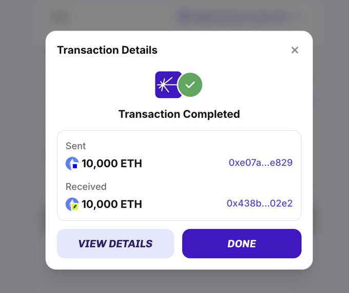 A "Transaction Completed" confirmation modal showing 10,000 ETH sent from address 0xe07a...e829 and received at address 0x438b...02e2. The image illustrates a large-scale ETH transfer being completed on a Layer 2 network, which the poster contrasts unfavorably with using Robinhood Crypto and Solana for traders and builders.