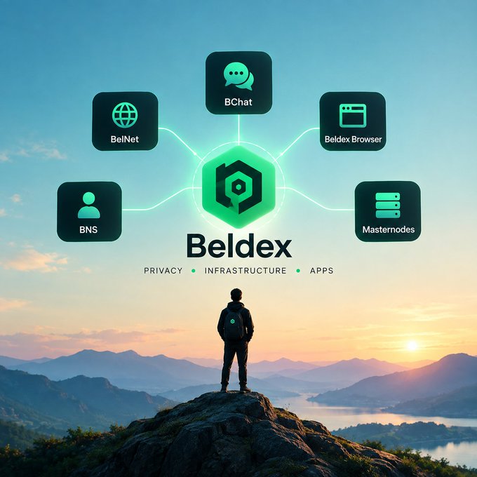 A promotional graphic for 'Beldex' showing its ecosystem components (BelNet, BChat, Beldex Browser, BNS, Masternodes) connected to a central logo above a figure standing on a mountain peak at sunset, with the tagline 'PRIVACY • INFRASTRUCTURE • APPS'.