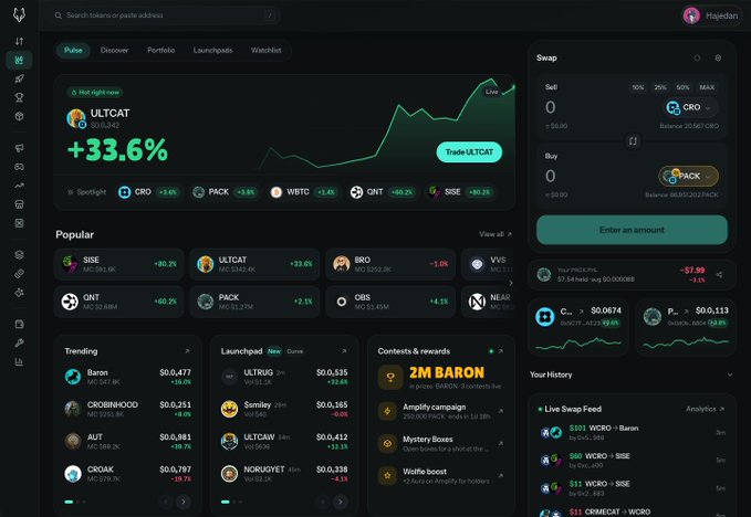A cryptocurrency trading dashboard showing ULTCAT up +33.6% with a "Hot right now" indicator, and a swap panel selling CRO to buy WCRO with an entered amount field.