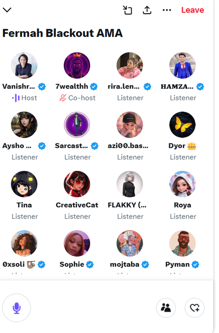 A screenshot of a 'Fermah Blackout AMA' voice chat showing the host Vanishr, co-host 7wealth, and multiple listeners with their avatars.