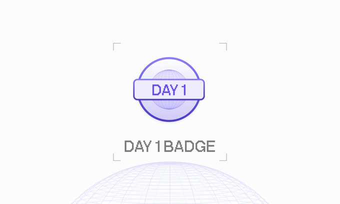A digital purple and lavender "DAY 1 BADGE" with a circular design sits above a wireframe globe, representing an exclusive achievement for early participants of the BitRobot Lab who joined before the Bolts Program launched.
