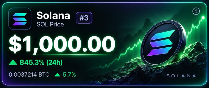 A promotional-style graphic shows Solana (SOL) priced at $1,000.00 with a 24-hour gain of 845.3%, a BTC equivalent of 0.0037214 (+5.7%), and a green upward trendline—visually representing the milestone mentioned in the post asking when SOL will reach $1,000.