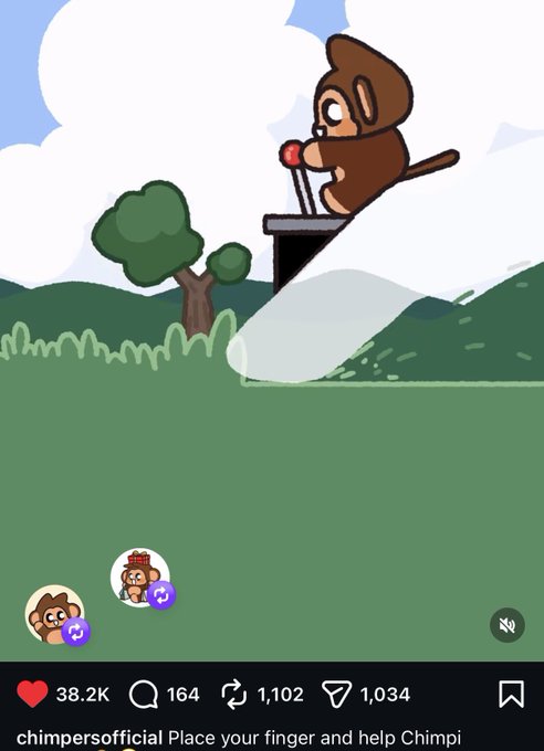 A mobile game screenshot from chimpersofficial showing a cartoon monkey with a red nose operating a lever on a snowy hill, with a 'Place your finger and help Chimpi' prompt, 38.2K likes, 164 comments, 1,102 shares, and 1,034 saves.
