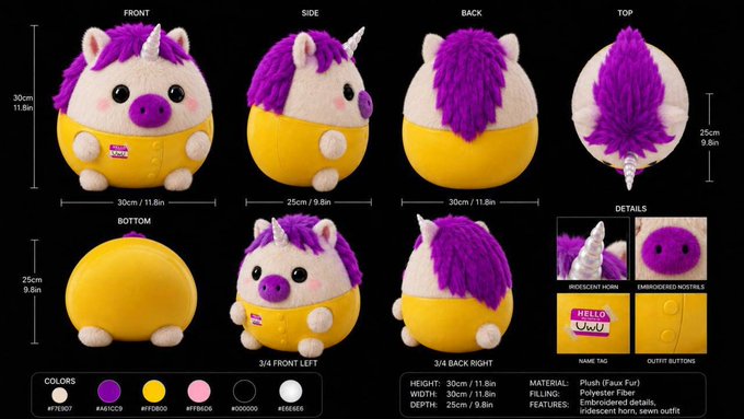Product design specifications for a round unicorn plush toy, showing front, side, back, top, and bottom views with dimensions (30cm/11.8in height and width), color palette, and material details including iridescent horn and embroidered nostrils.