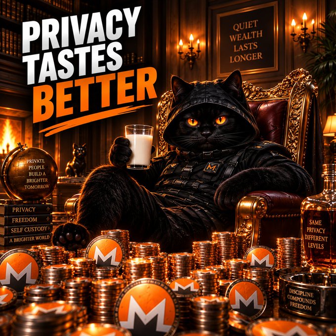 A promotional Monero (XMR) cryptocurrency graphic featuring an anthropomorphic black cat in tactical gear sitting on a throne surrounded by coins, with text 'PRIVACY TASTES BETTER' and 'SAME PRIVACY, DIFFERENT LEVELS'.