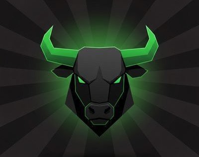 A dark digital illustration of a bull's head with glowing green horns and green eyes against a black background with a green radial burst.