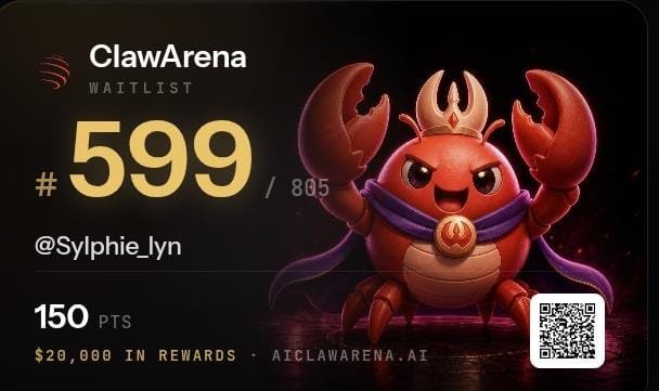 A 'ClawArena Waitlist' graphic showing rank '#599/805' for user '@Sylphie_lyn' with 150 points and '$20,000 IN REWARDS', featuring a crowned red crab mascot and QR code.