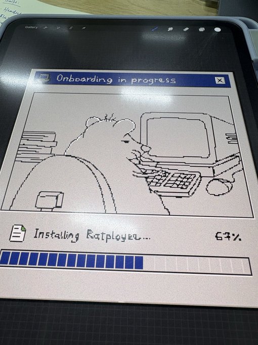 A tablet displaying a pixel-art onboarding screen titled 'Onboarding in progress,' showing a character at a computer with a progress bar indicating 'Installing Ratployee...' at 67%.