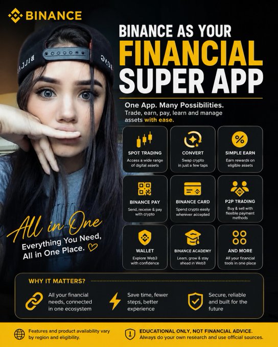 Binance promotional image featuring a woman wearing a visor alongside the headline 'BINANCE AS YOUR FINANCIAL SUPER APP', highlighting features like Spot Trading, Convert, Simple Earn, Binance Pay, and Wallet.