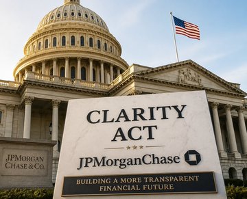 Illustration of the U.S. Capitol building with a sign reading 'CLARITY ACT' and 'JPMorganChase & Co - BUILDING A MORE TRANSPARENT FINANCIAL FUTURE'.