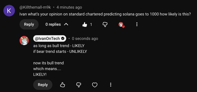 A YouTube comment exchange where @Killthemall-m9k asks Ivan On Tech's opinion on Standard Chartered predicting Solana ($SOL) to $1,000, and Ivan responds that it's "LIKELY" as long as the bull trend continues, reinforcing the post's optimistic "YES" outlook.