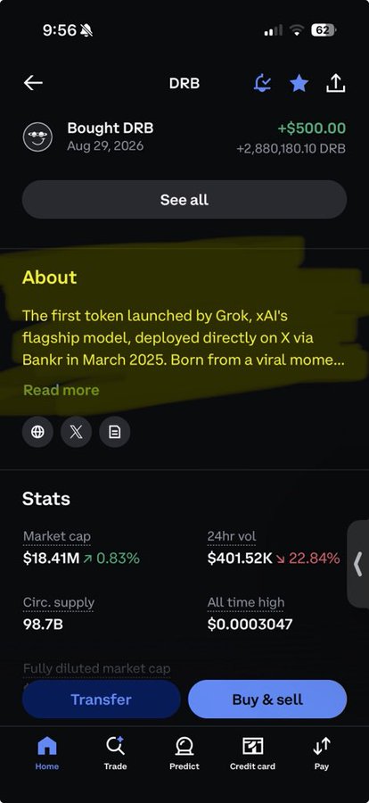 A screenshot of a cryptocurrency trading app displaying the 'DRB' token, noting it as the first token launched by Grok, xAI's flagship model, with a market cap of $18.41M.