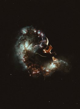 A surreal digital artwork of a figure with a violin floating amidst a cosmic, nebula-like cloud of stars and colorful lights against a black background.