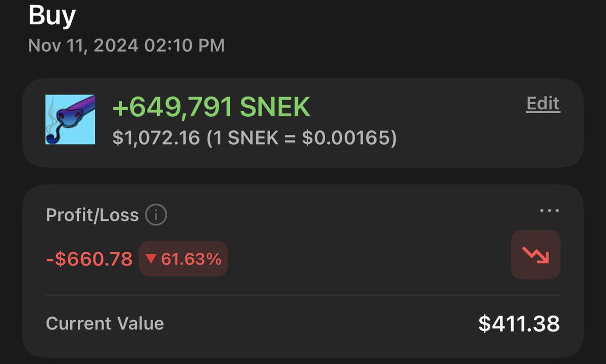 Crypto portfolio screenshot showing a Buy of +649,791 SNEK for $1,072.16 on Nov 11, 2024, with a current Profit/Loss of -$660.78 (down 61.63%) and a current value of $411.38.