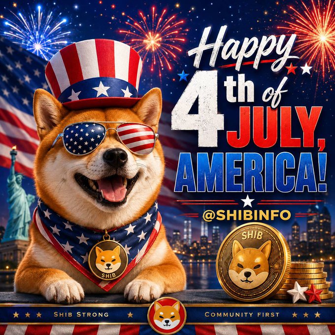 A smiling Shiba Inu wearing an Uncle Sam top hat and American flag sunglasses is featured in a festive 4th of July graphic with fireworks, the Statue of Liberty, and bold text reading "Happy 4th of July, America!" alongside the handle "@SHIBINFO," "SHIB STRONG," and "COMMUNITY FIRST," with gold SHIB coins displayed. The image visually celebrates the post's patriotic "Happy 250th America" message while tying it to the $SHIB community spirit.