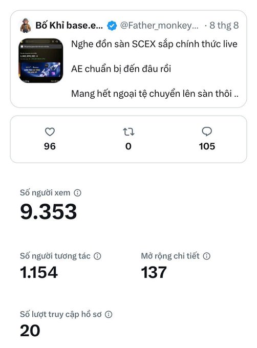 A social media post in Vietnamese from @Father_monkey discusses SCEX preparing to officially launch, showing engagement metrics of 96 likes, 105 comments, 9,353 views, and 1,154 interactions.