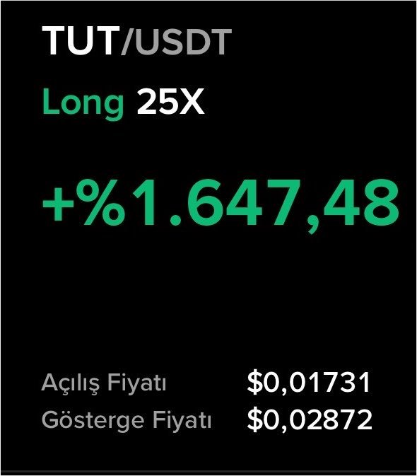 The image displays a trading screenshot for the TUT/USDT pair showing a successful long position with 25X leverage, which yielded a +1,647.48% profit. It shows an entry price (Açılış Fiyatı) of $0.01731 and a mark price (Gösterge Fiyatı) of $0.02872, highlighting the impressive returns shared in the tutorial referenced by "#Tut."
