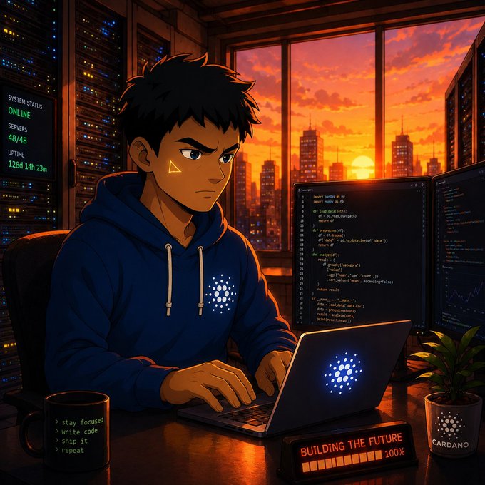 Anime-style illustration of a young man in a blue Cardano hoodie working on a laptop displaying Cardano code, with a "BUILDING THE FUTURE 100%" progress bar and a "stay focused, write code, ship it, repeat" mug.