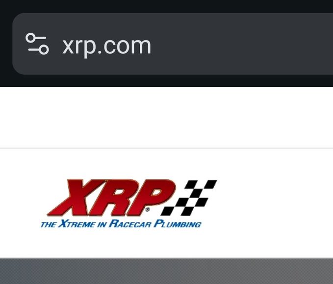 The image shows a screenshot from xrp.com, featuring the red "XRP" logo with a checkered flag design and the tagline "THE XTREME IN RACECAR PLUMBING." The post's message "XRP = FAST" plays on the double meaning of XRP—the ticker for the XRP cryptocurrency and the racing/plumbing brand—both associated with speed and performance.