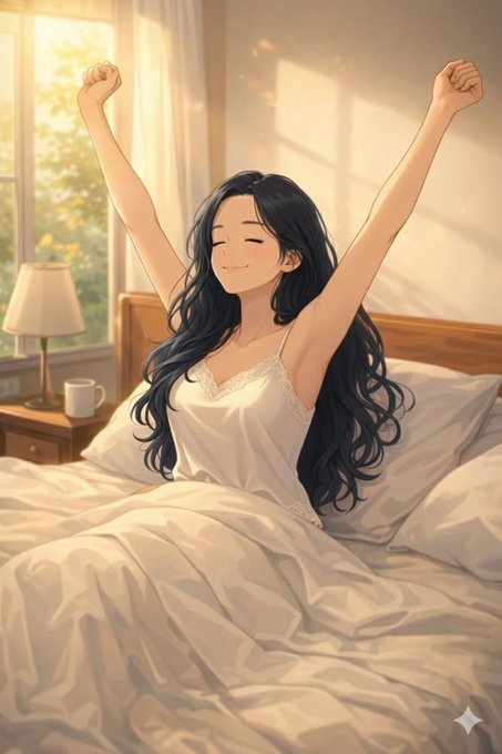 An anime-style illustration of a young woman with long dark hair stretching with arms raised in a sunlit bedroom, wearing a white lace-trimmed nightgown on a bed with soft golden lighting.