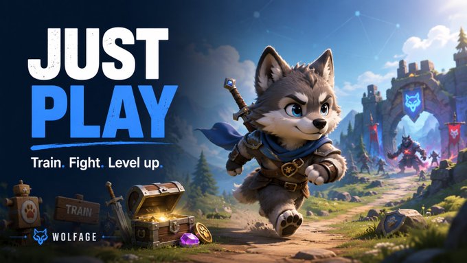 A determined wolf pup warrior with a sword charges forward past a treasure chest and "TRAIN" sign, with castle ruins and a blue wolf banner in the background, alongside the text "JUST PLAY — Train. Fight. Level up" and the "WOLFAGE" logo. The promotional image reinforces the post's message about blockchain gaming that prioritizes seamless gameplay without intrusive transactions or gas fees.