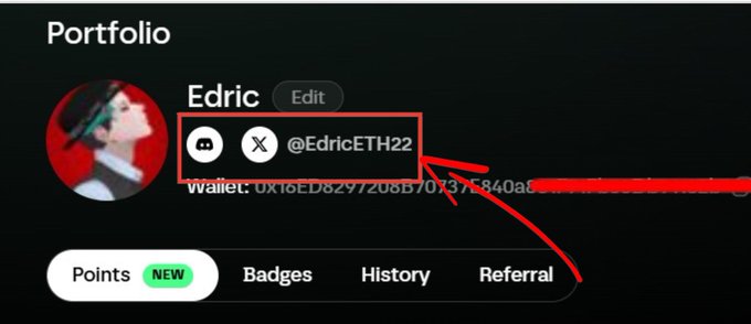 A screenshot of a user profile named 'Edric' displays social media icons and the handle '@EdricETH22' highlighted by a red box, with a partially visible wallet address underneath and a red arrow pointing toward the handle.