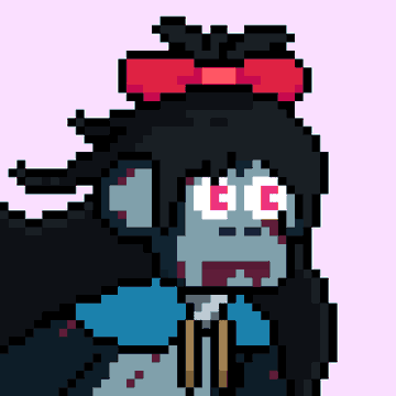 A pixel art portrait of a blue-skinned zombie-like character with glowing red eyes, blood dripping from its mouth, messy black hair topped with a large red bow, set against a soft pink background. The image aligns with the post's mention of a pixel art PFP swap for "CHIMPTOBER," reflecting a Halloween or horror-themed aesthetic suited for the October-themed event.