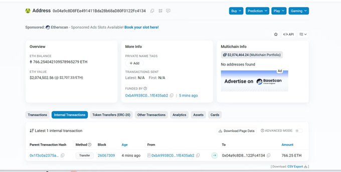 The image shows an Etherscan transaction overview for address 0x04a9c8D8..., detailing a transfer of 766.25 ETH from address 0xbA9938C0...1fE435ab2 to 0x04a9c8D8...12Fcfc4134, which directly visualizes the post's lament about losing 766 ETH to a potential scam or mistaken transfer.