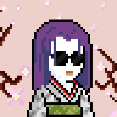 Pixel art portrait of a pale-skinned character with long purple hair, dark eyes, a red beaded necklace, and a green and white outfit, set against a pink background with cherry blossom branches—matching the mysterious "Inkora" NFT collection's anime-inspired aesthetic.