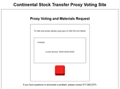 The image shows a "Continental Stock Transfer Proxy Voting Site" interface with a "Proxy Voting and Materials Request" form, displaying a control number (6500-0500-0000) and a red button, likely for entering voting or request details. It appears unrelated to the accompanying post about $XRP trading positioning shifts.