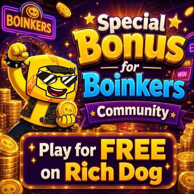 A vibrant promotional graphic features a sunglasses-wearing yellow cartoon character holding a skull coin, surrounded by gold coins and neon casino-style signage, advertising a "Special Bonus for Boinkers Community" to "Play for FREE on Rich Dog," which aligns with the post's offer of a free bonus from RichDogGame via their Telegram bot.