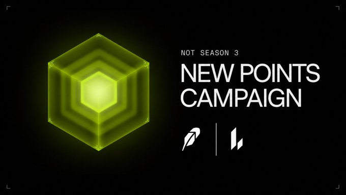 A dark promotional graphic announcing a 'NEW POINTS CAMPAIGN' with 'NOT SEASON 3,' featuring a glowing green hexagonal cube and two logos at the bottom right.