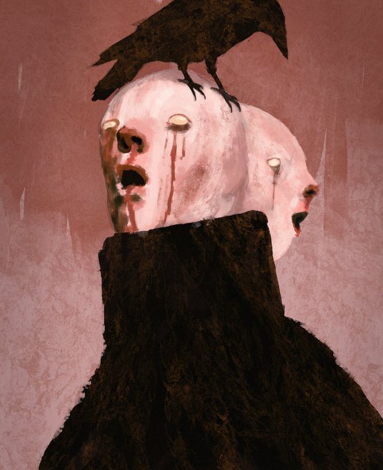 A digital illustration depicts two pale figures with hollow yellow eyes and blood streaming down their faces, draped in black fabric with a black crow perched on top.