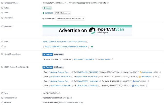 A blockchain transaction explorer page on HyperEVMScan showing a successful ETH transaction with status 'Success,' a block of 25900224, and ERC-20 token transfers including USDC and Dai.